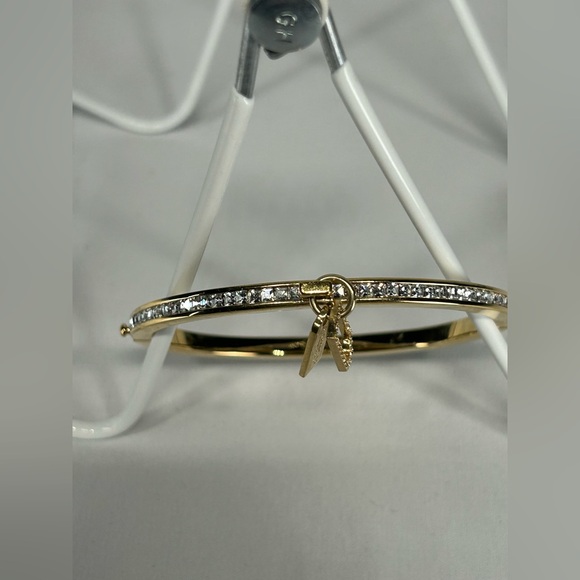 Coach Jewelry Gold Hinged Bangle Bracelet Cubic Zirconia Encrusted Gems 2 Charms - Picture 8 of 10